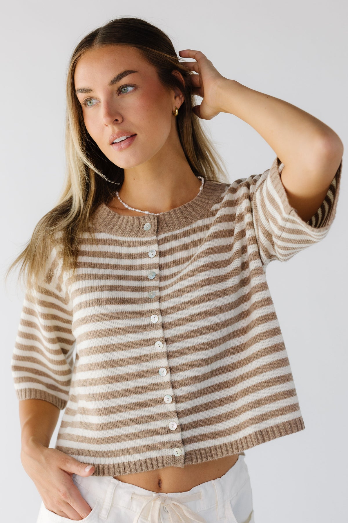 The Elena Top  in taupe & cream stripe for women and teengirls.