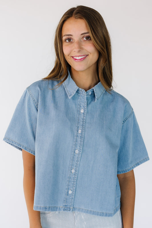 Evelyn Denim Top in denim for women and teens.