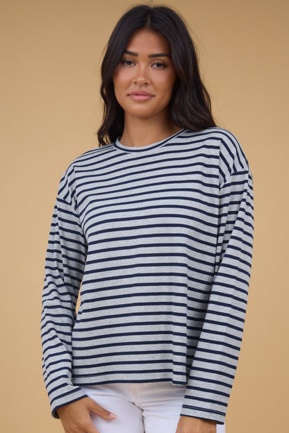The Frasier Striped Top in grey & navy stripe for women ad teen girls.