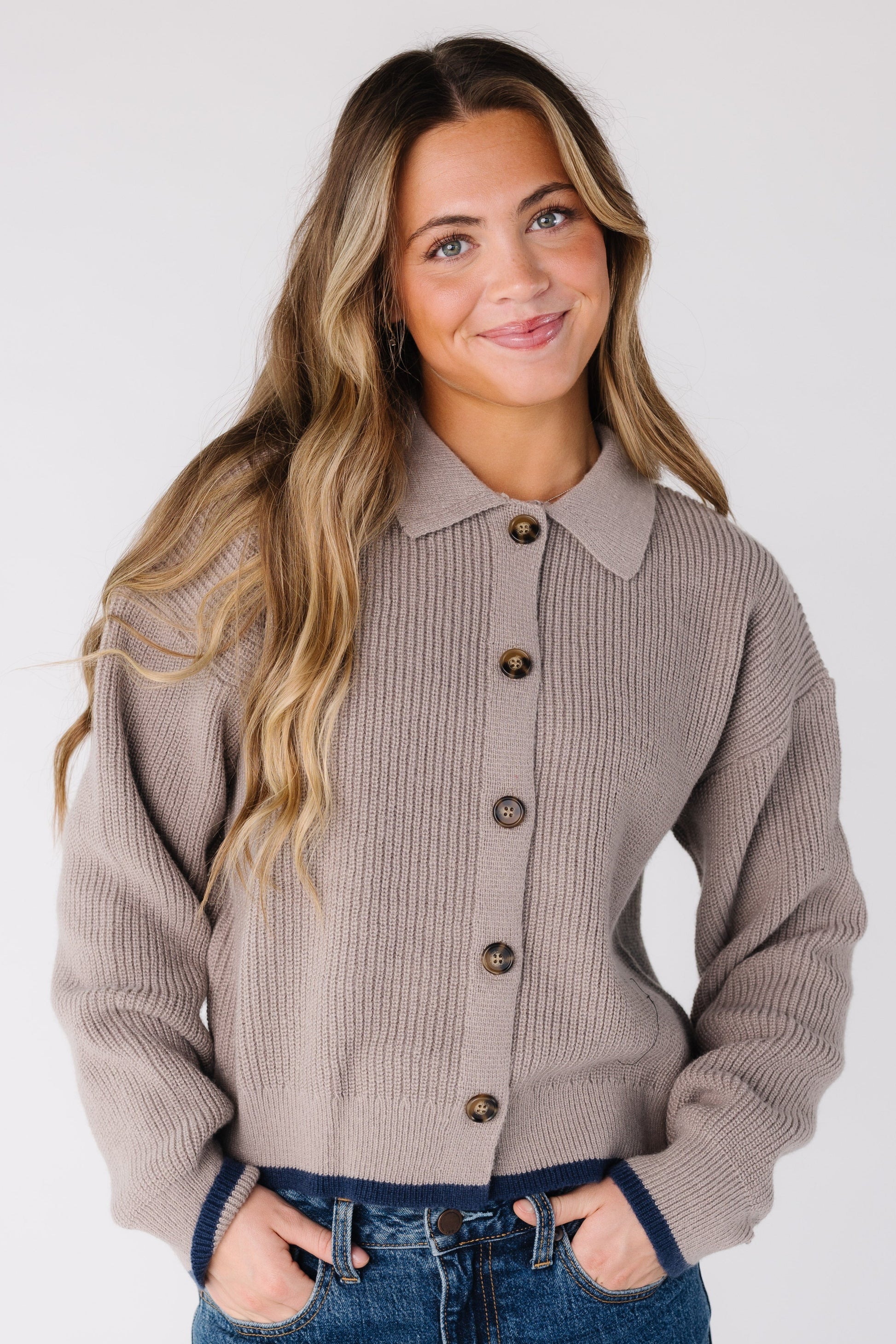 Modest women and teens ribbed button cardigan with long sleeves in taupe