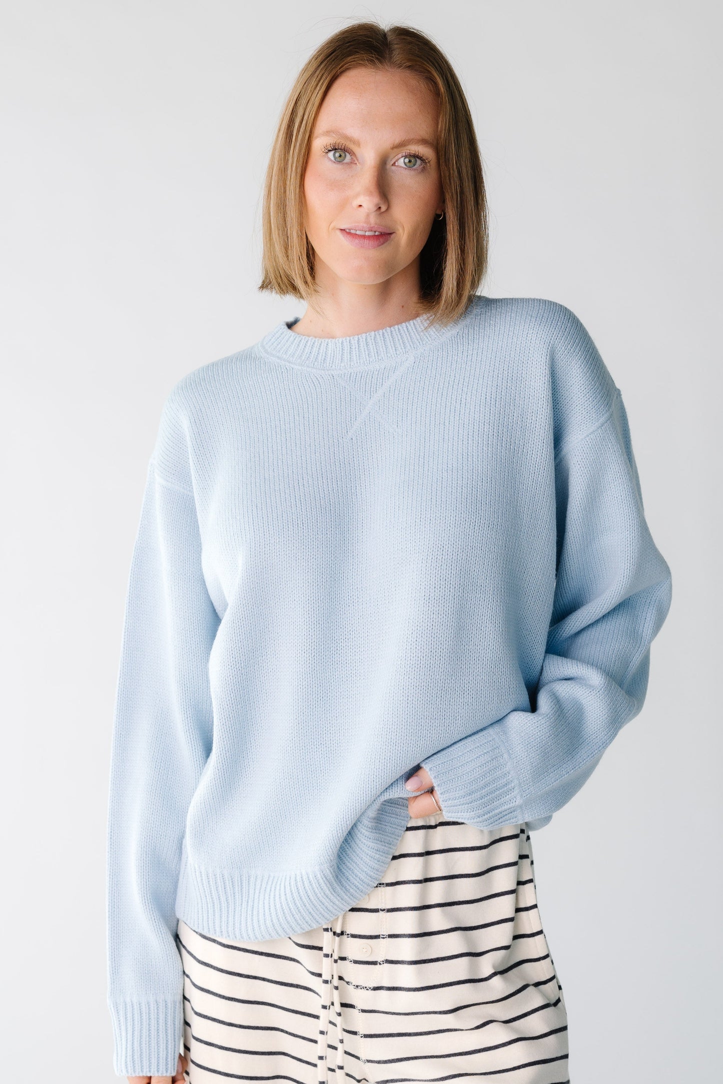 Modest long sleeve woman and teens pullover sweater in ight blue
