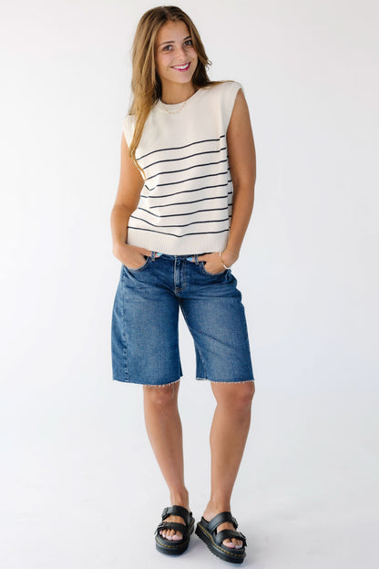 Seamed Denim Shorts in dark denim for women and teens.