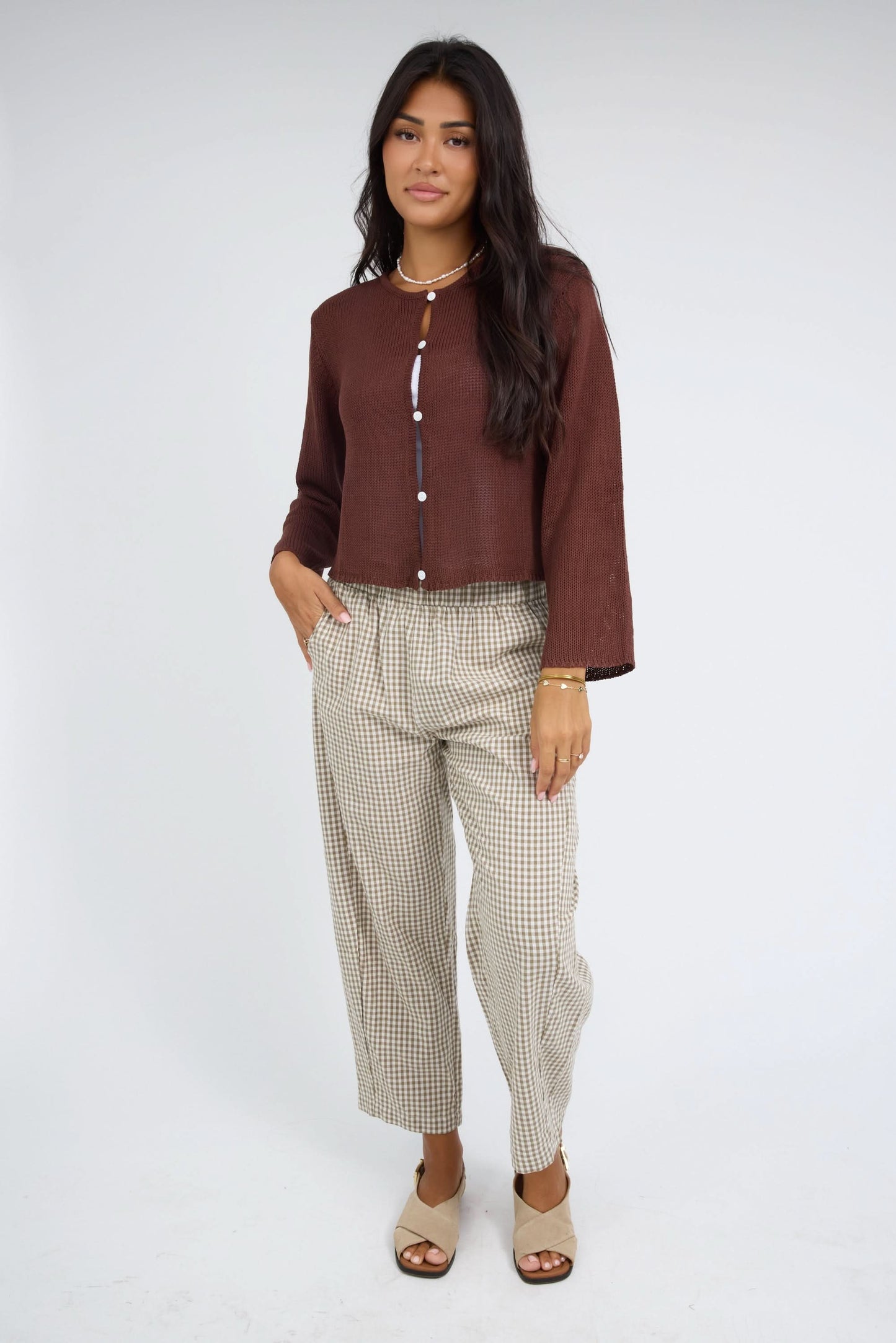 The Kate Cardigan in brown for women and teenage girls.