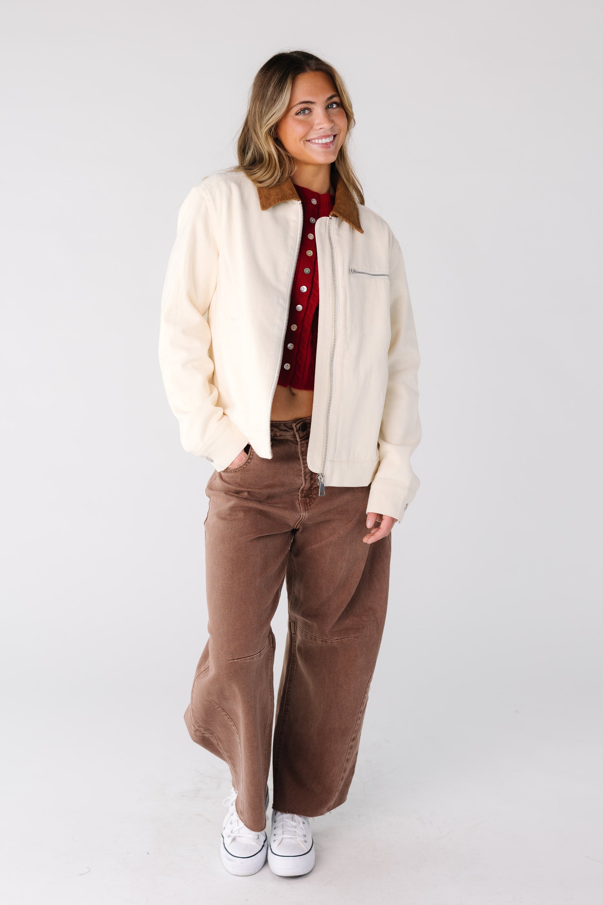 Modest women and teens denim trucker jacket in cream