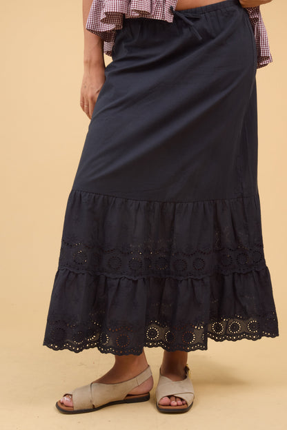 Brass & Roe Luna Eyelet Skirt in black for women and teen girls.