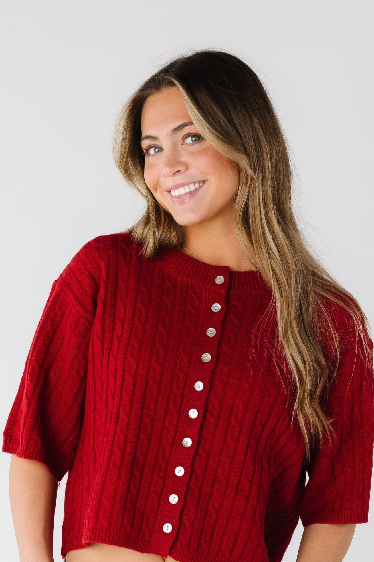 Modest women and teens red cable knit cardigan with short sleeves