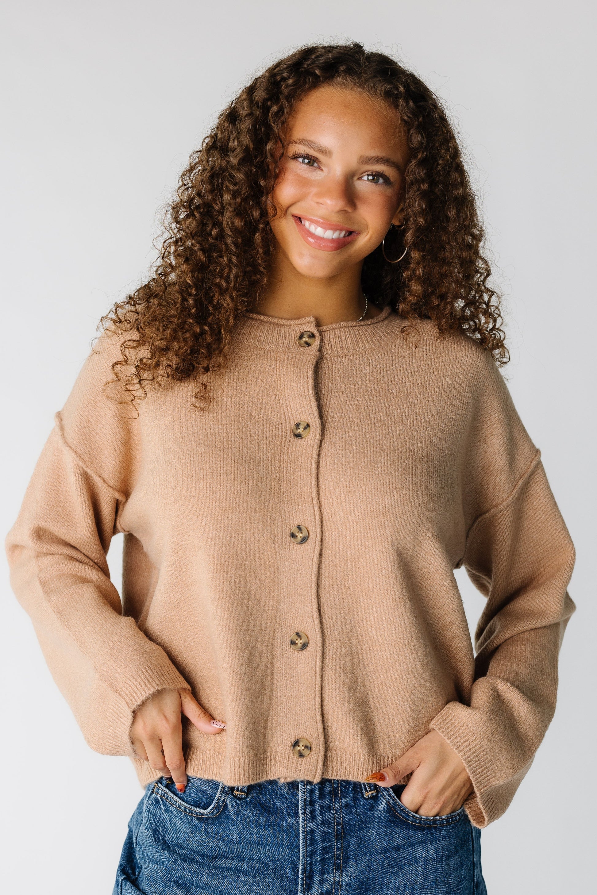 The Priscilla Cardigan in dark taupe for women and teens