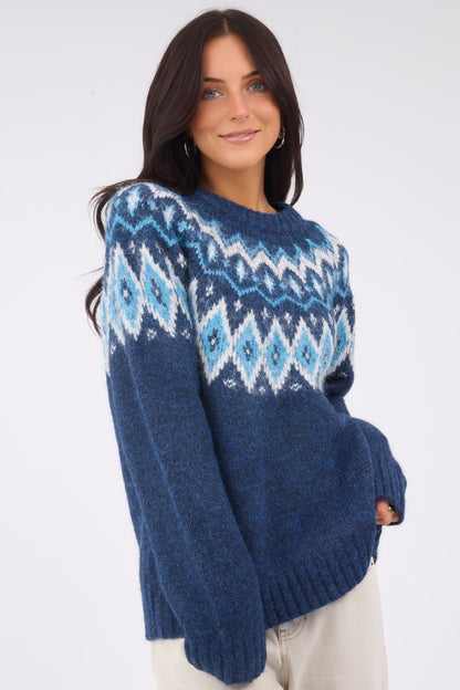 The Salty Sweater in a navy & blue nordic sweater for women and teen girls.