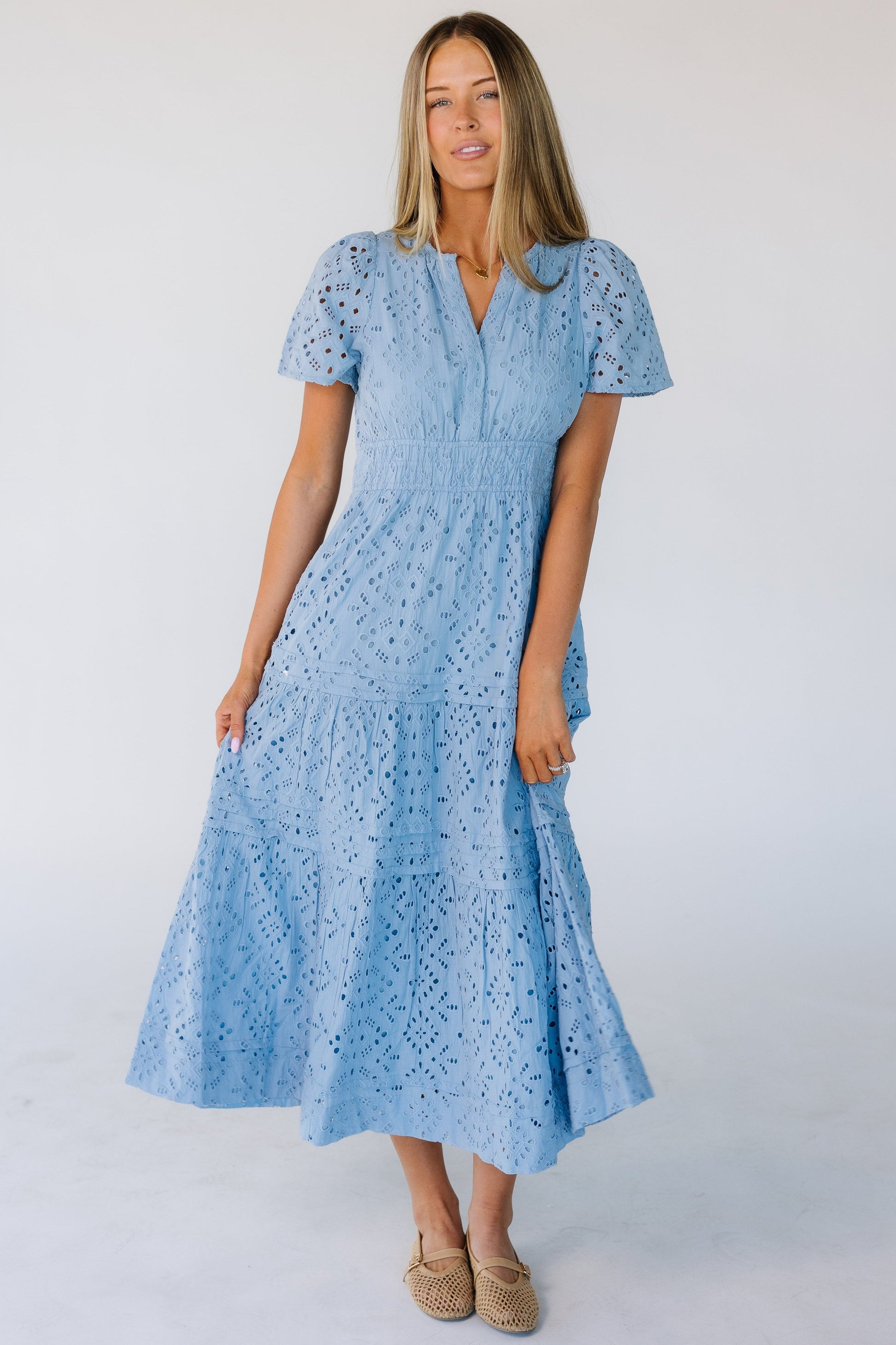 light blue eyelet dress Olivaceous Chateau Bustier Mini - Size S - Babydoll - Sundress - Sorority - Rush - Vacation - Resort - Summer - Blue and a crossbody bag Powder Blue Cotton Eyelet Drop