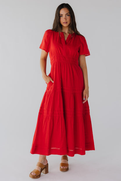 Red maxi with blousy bodice and full skirt