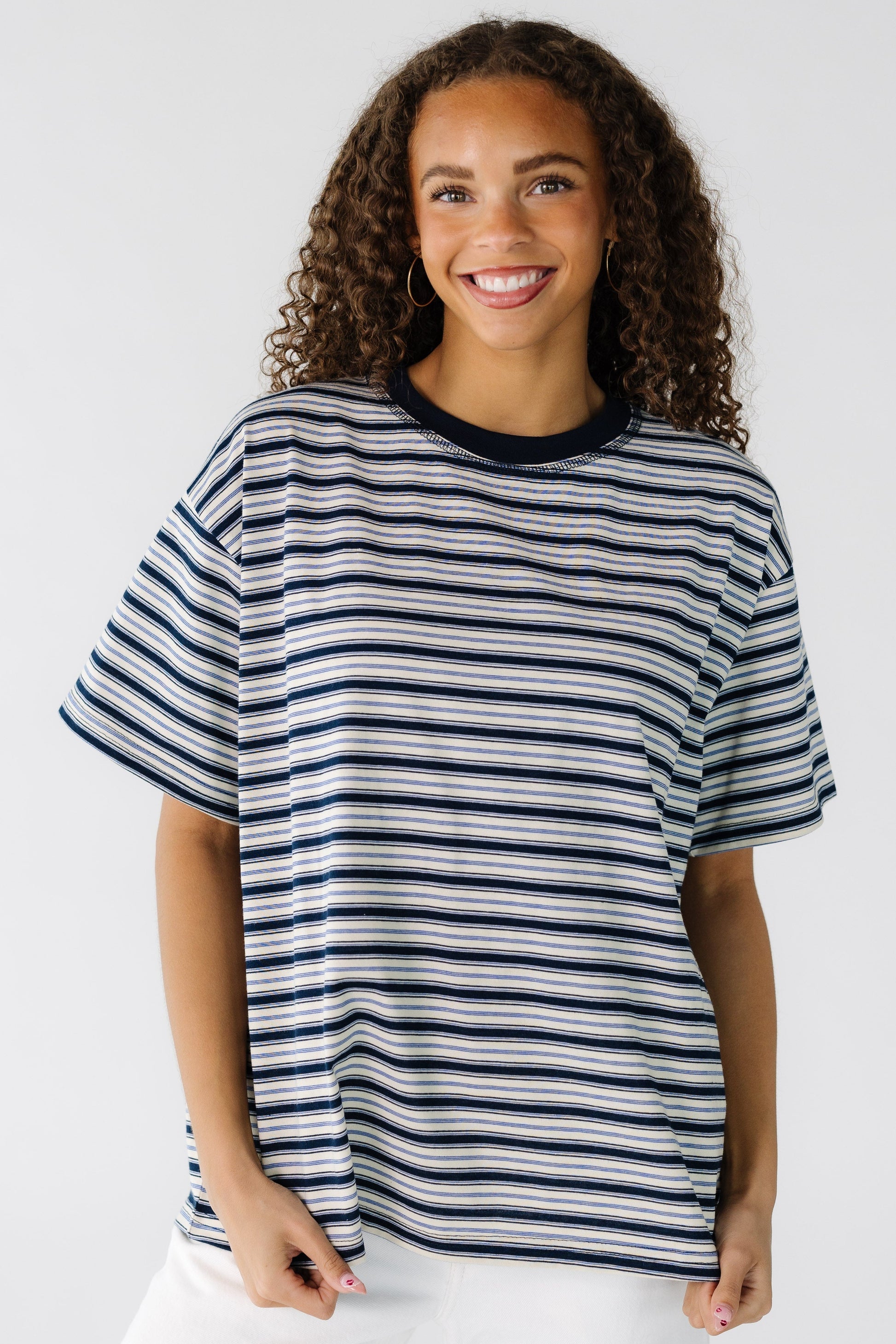 The Simple Striped Tee  in navy and ivory stripe for women and teens.