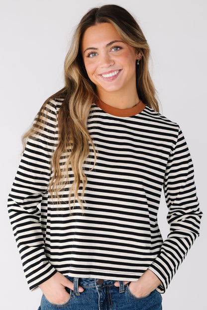 Modest long sleeve stripe tee for women and teens in black and white