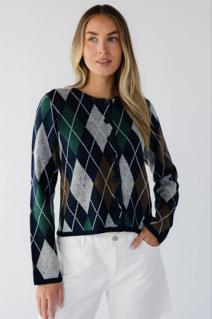 The Tuscan Cardigan in navy argyle for women and teen girls.