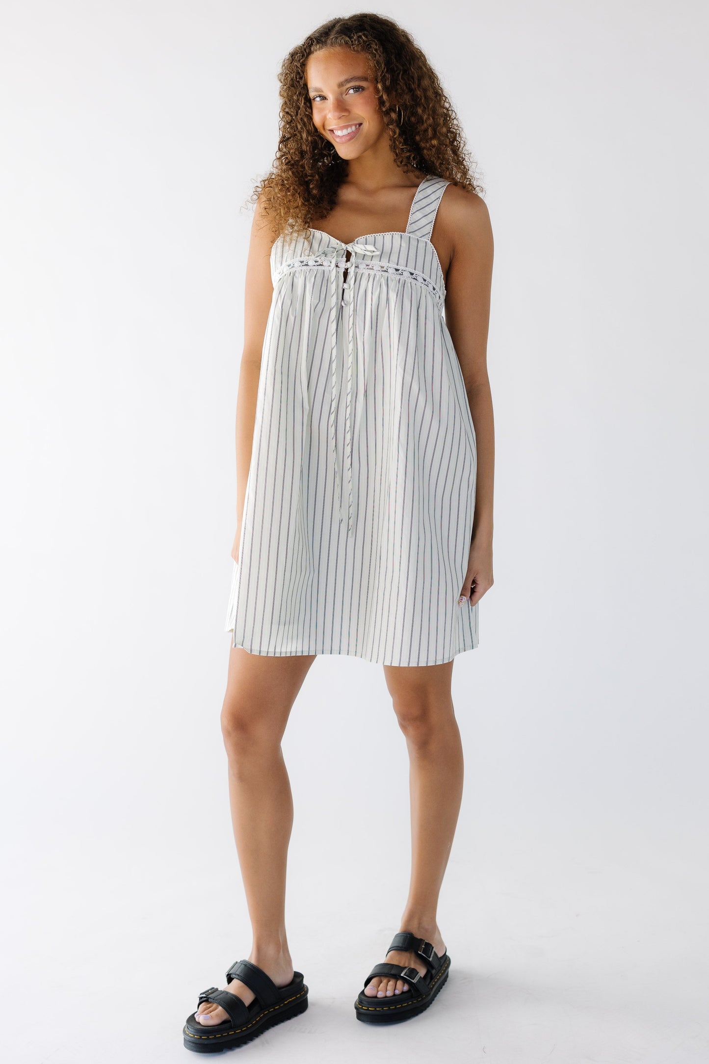 The Wren Dress in bone and black stripe for women and teen girls.