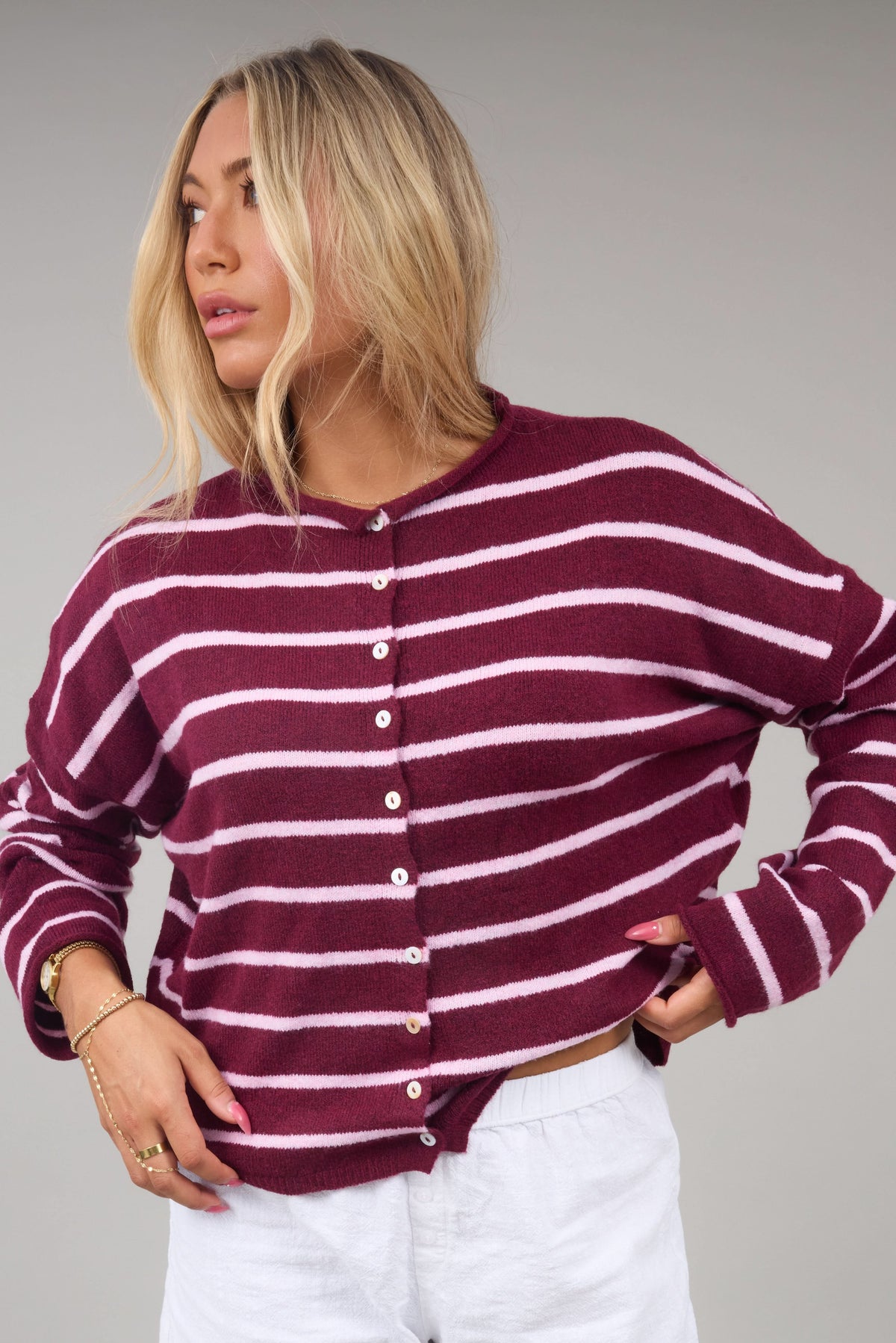 The Aria Soft Cardigan in burgundy & pink stripe for women and teen girls.