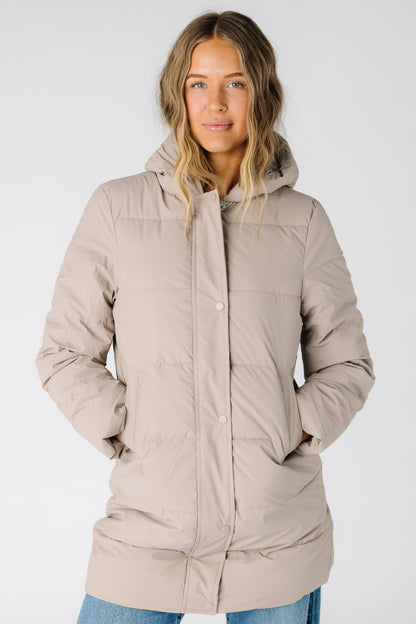 The Aspen Slope Puffer Long Jacket in taupe for women and teens