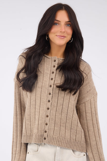 The Callista Button Down Sweater in taupe for women and teen girls.
