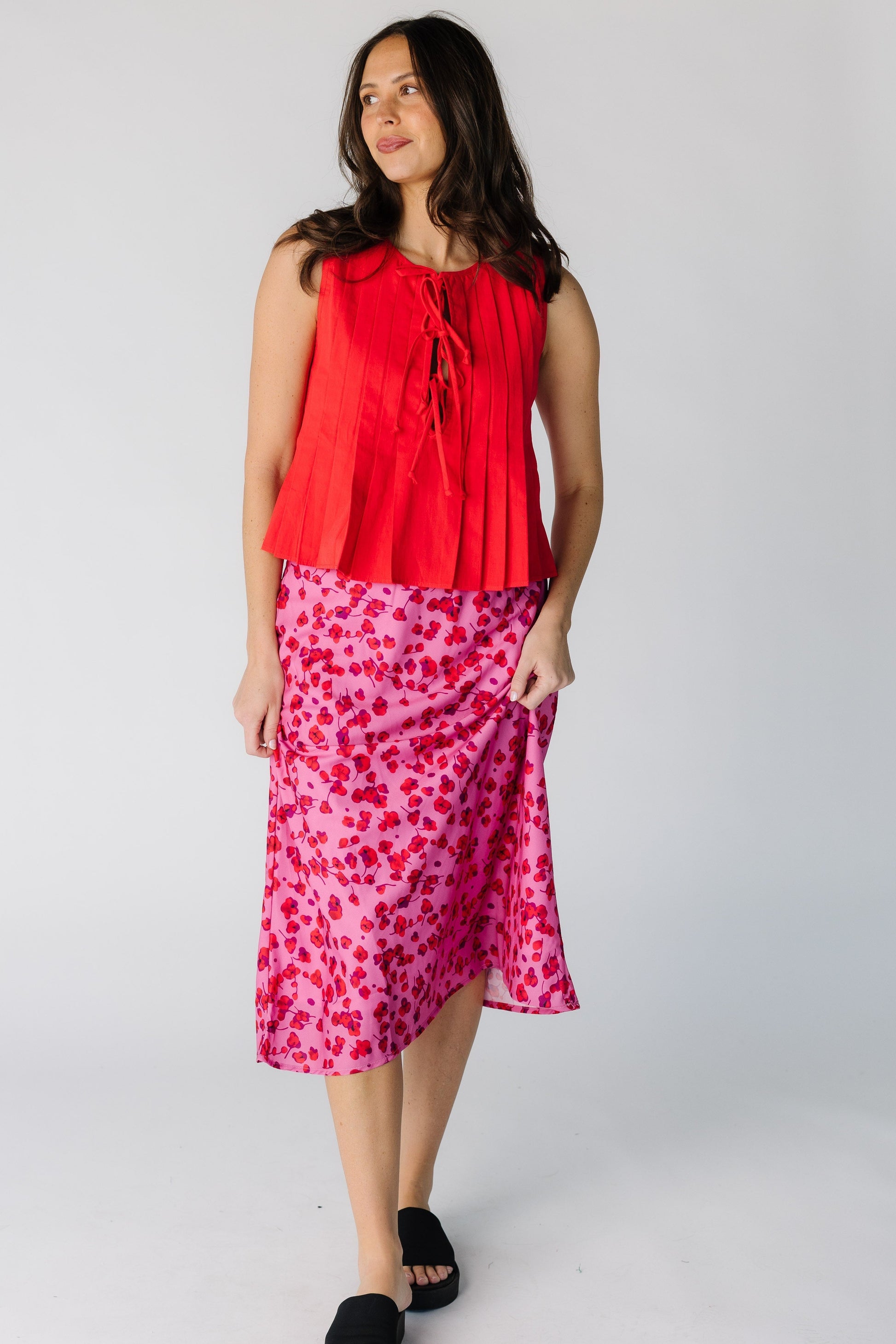 Brass & Roe The Ellie Skirt in pink with red floral print for women and teens.