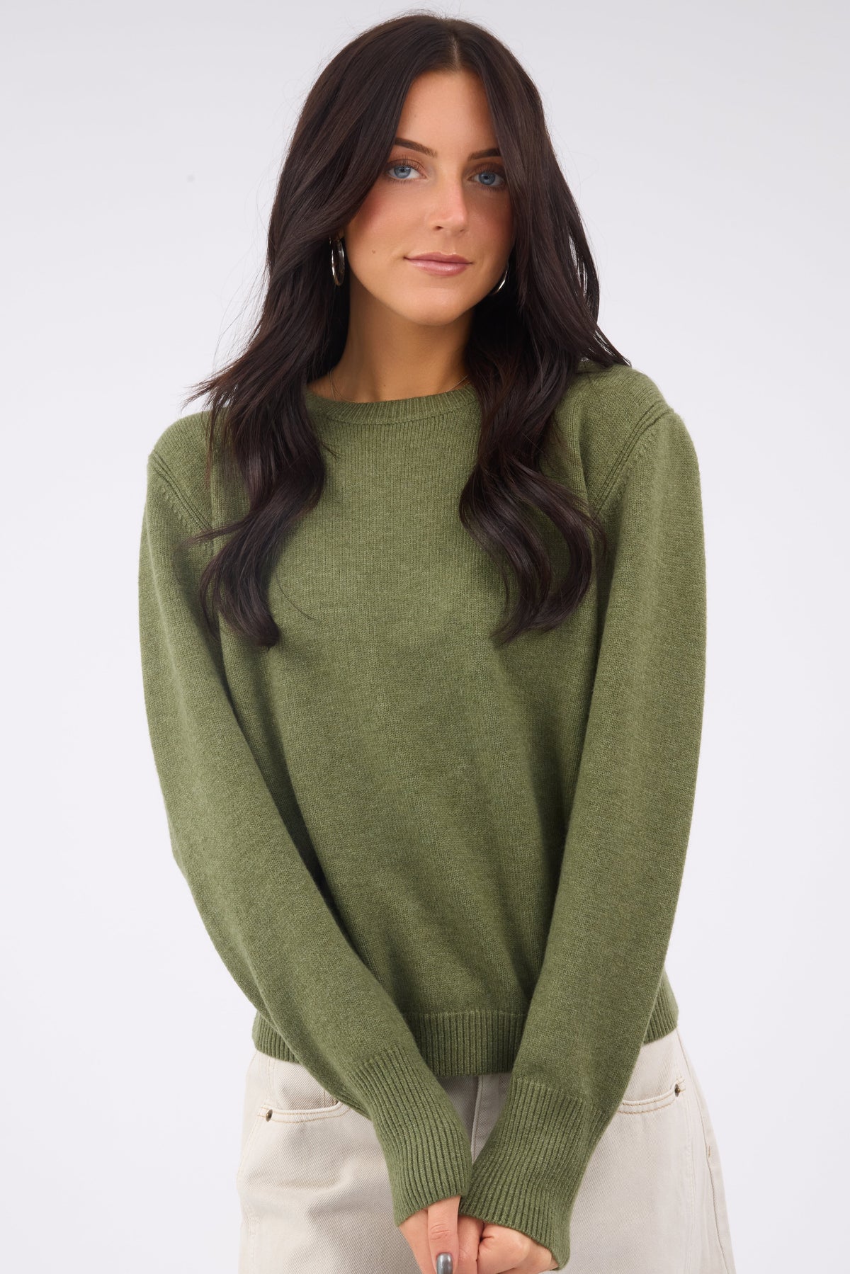 The Esme Sweater in olive for women and teen girls.