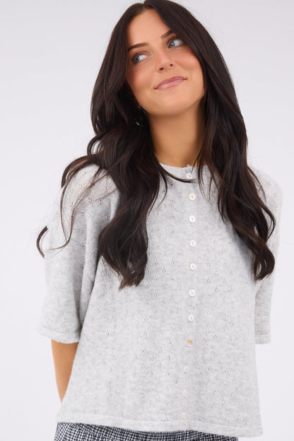 The Fran Pointelle Piper Cardigan in grey for women and teen girls.