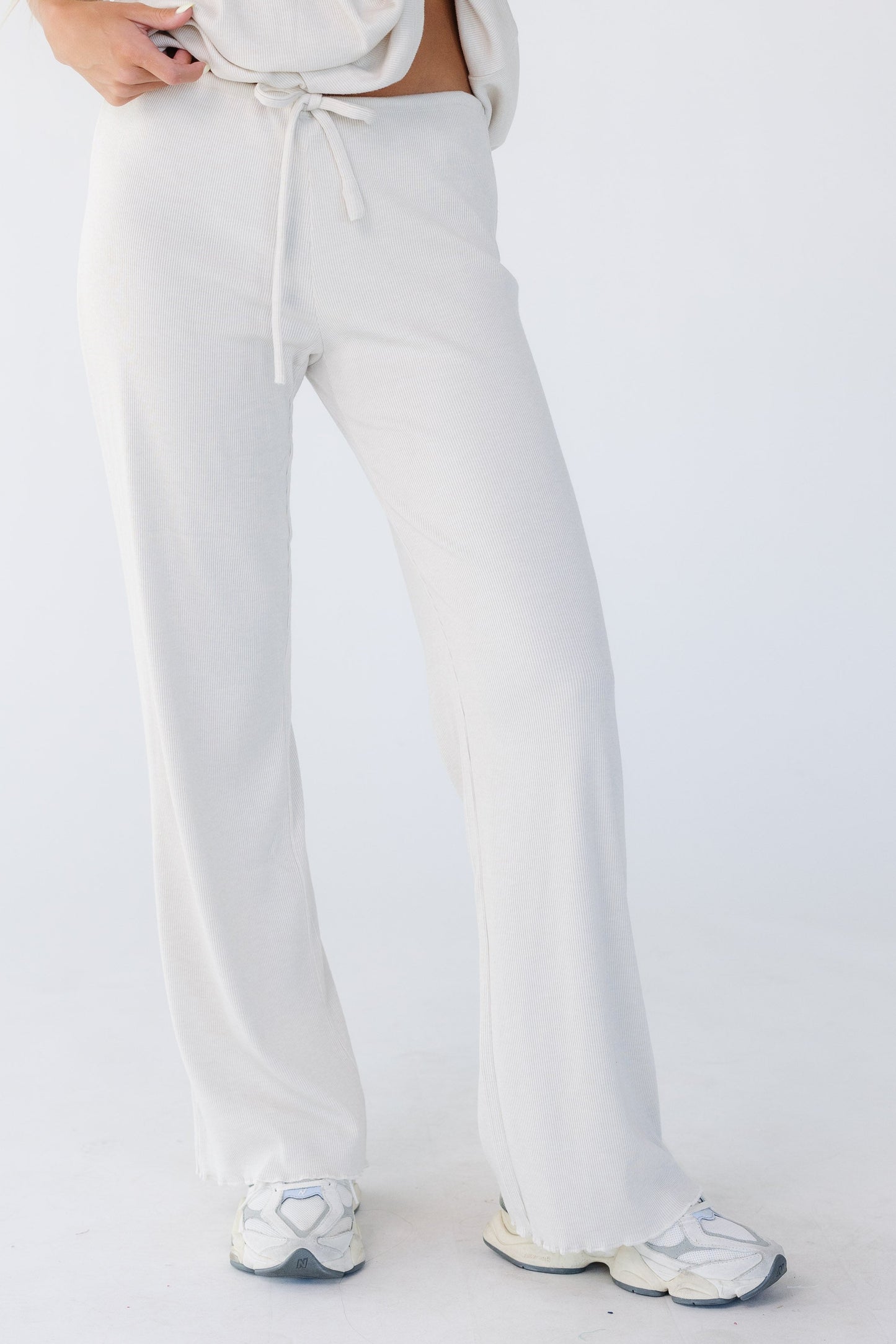 The Jess Ribbed Jersey Tie Waist Pants in beige for women & teen girls.