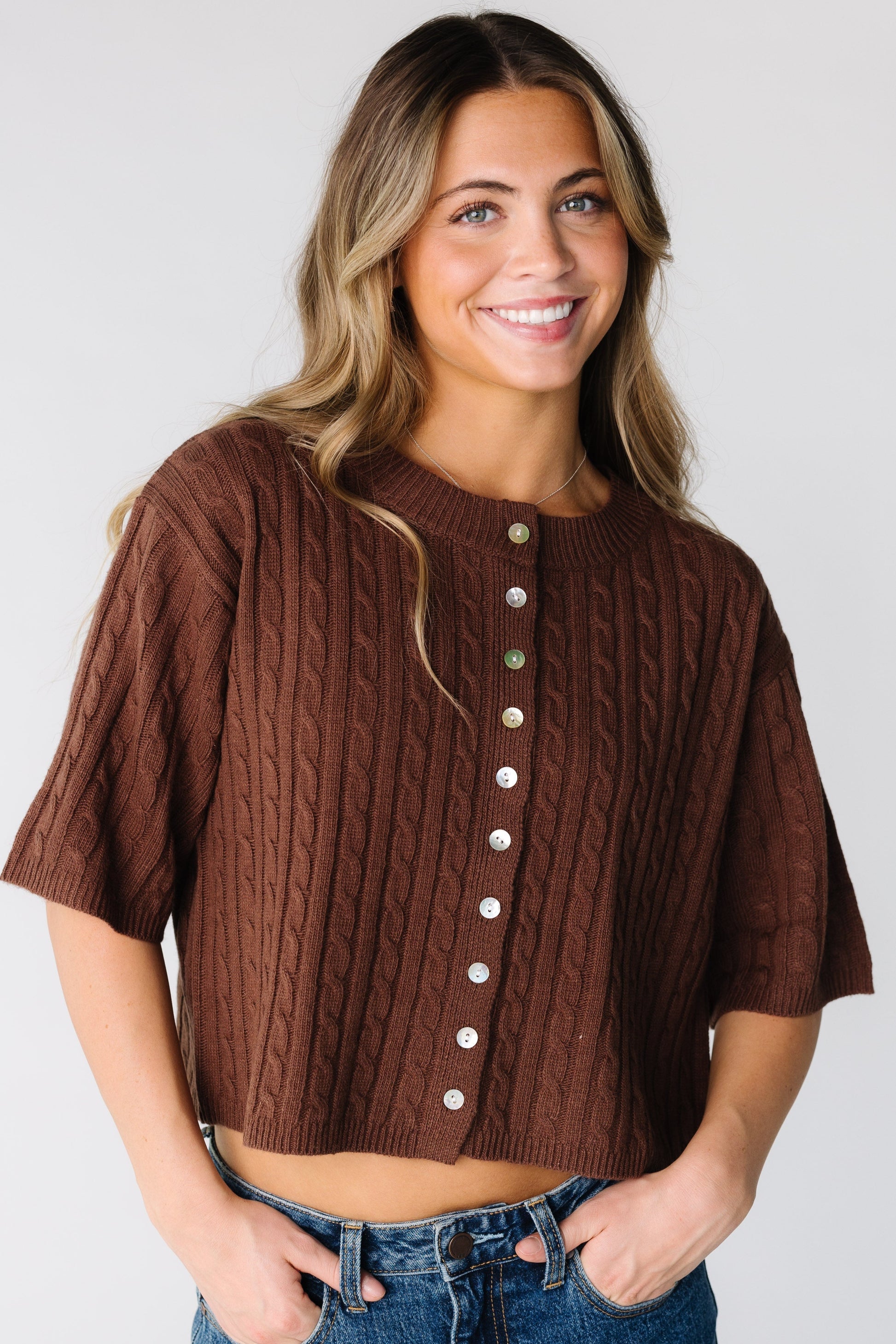The Paula Cardigan for women and teens in brown cable knit