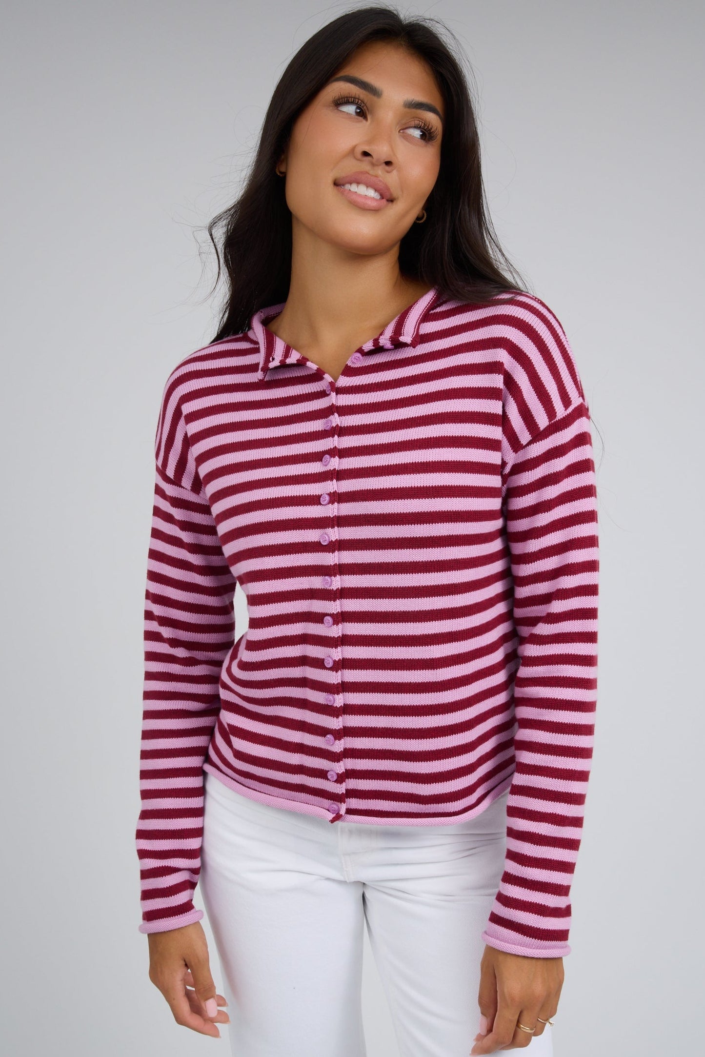 The Pauline Cardigan in pink & red stripe for women and teenage girls.