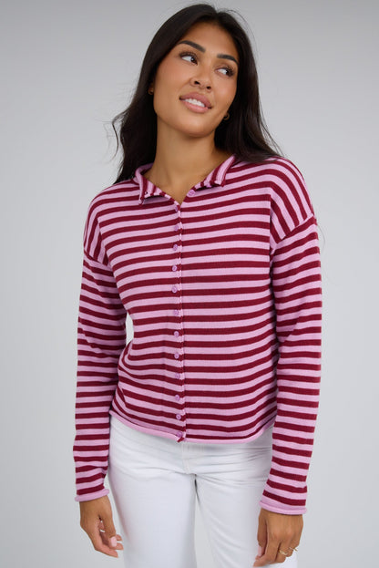 The Pauline Cardigan in pink & red stripe for women and teenage girls.