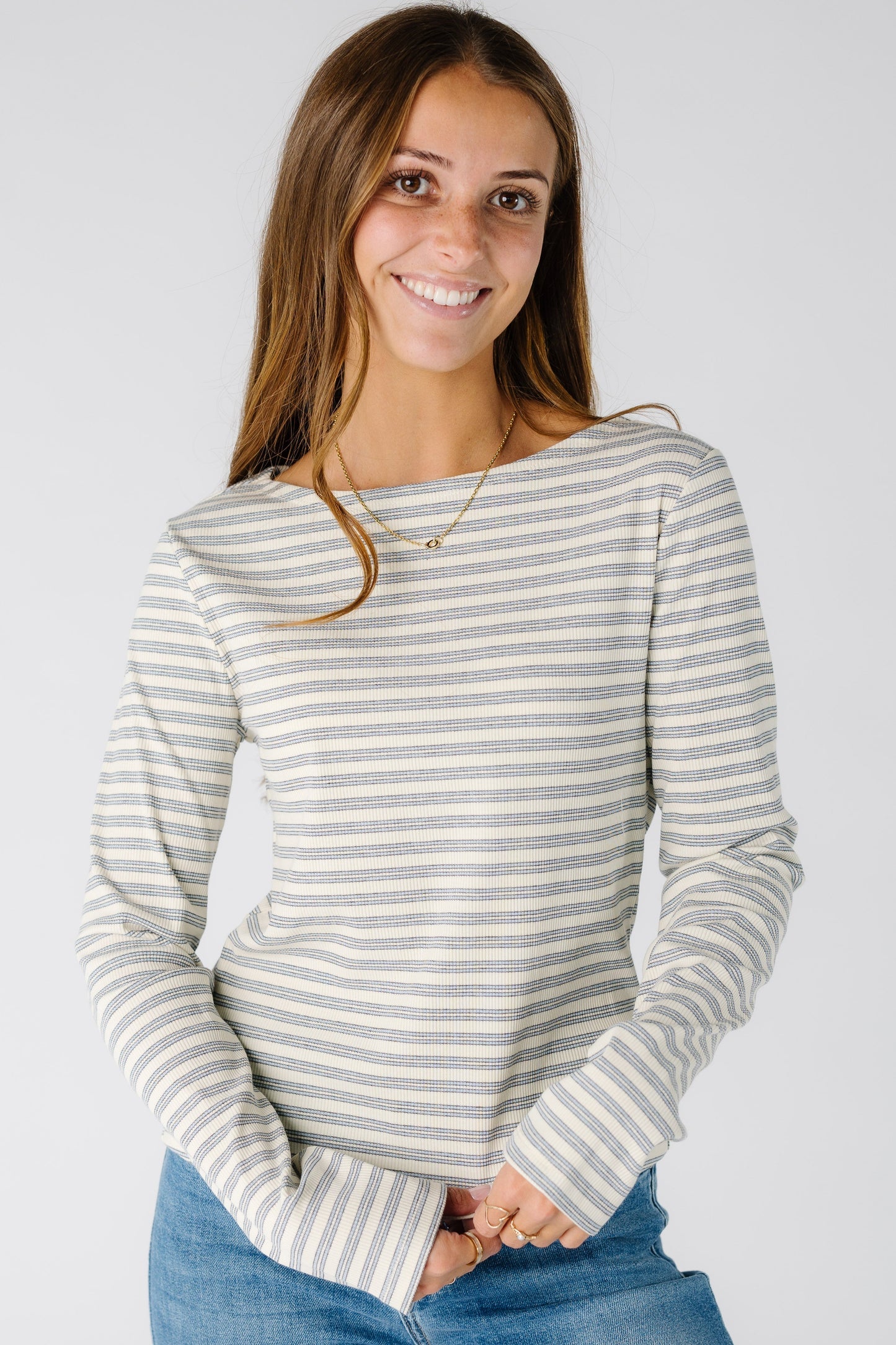 The Jessica Ribbed Long Sleeve Striped Tee in blue for women and teens