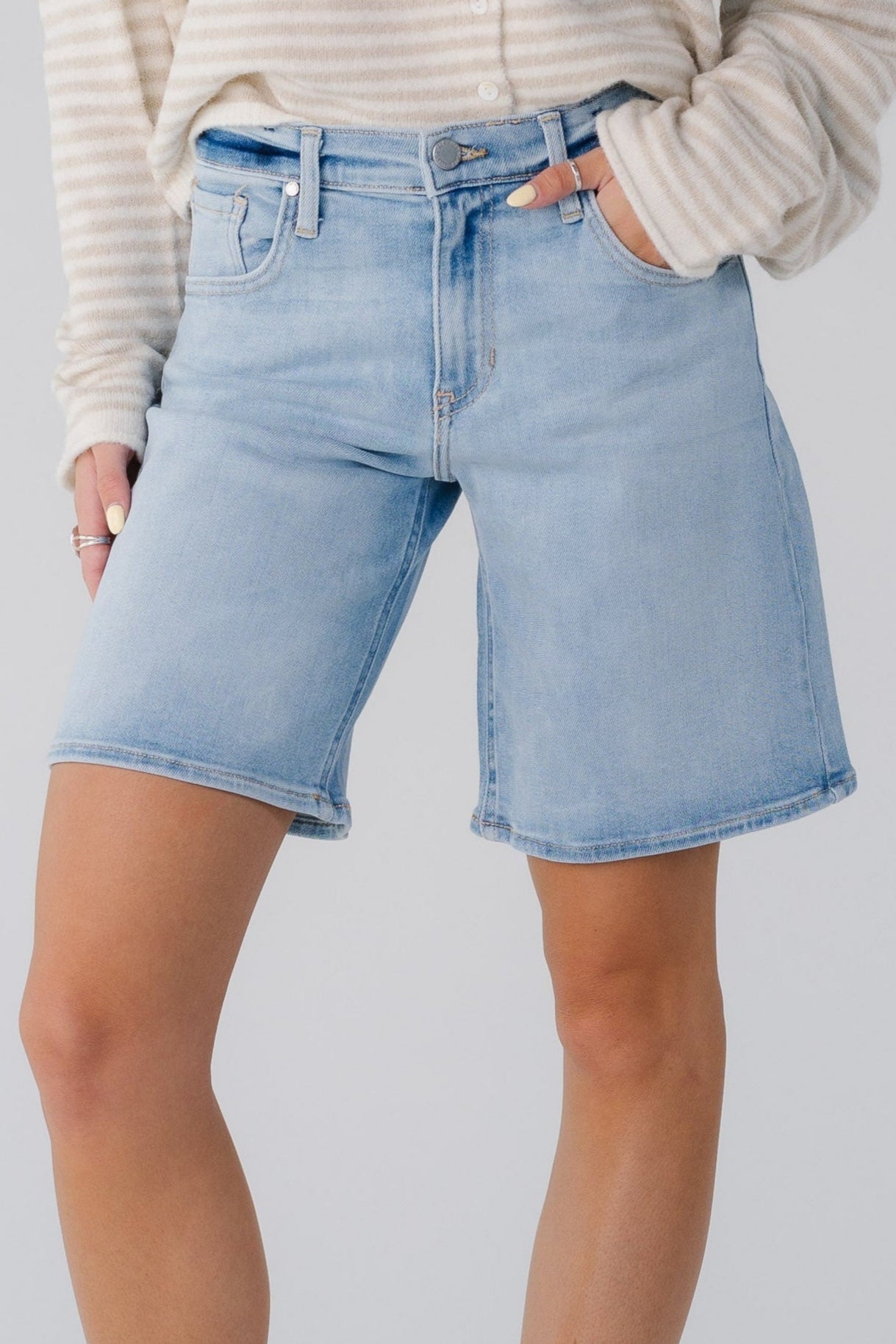 Close view of light denim shorts