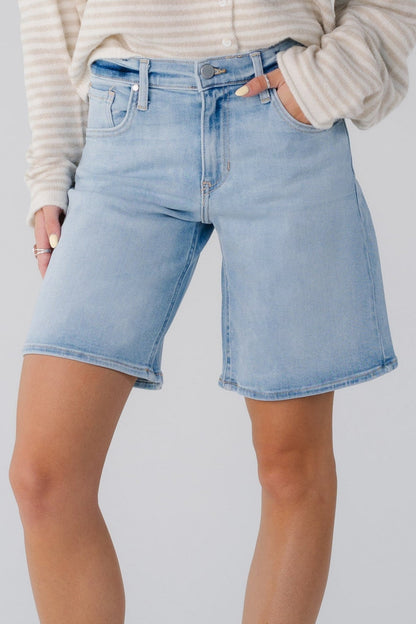 Close view of light denim shorts