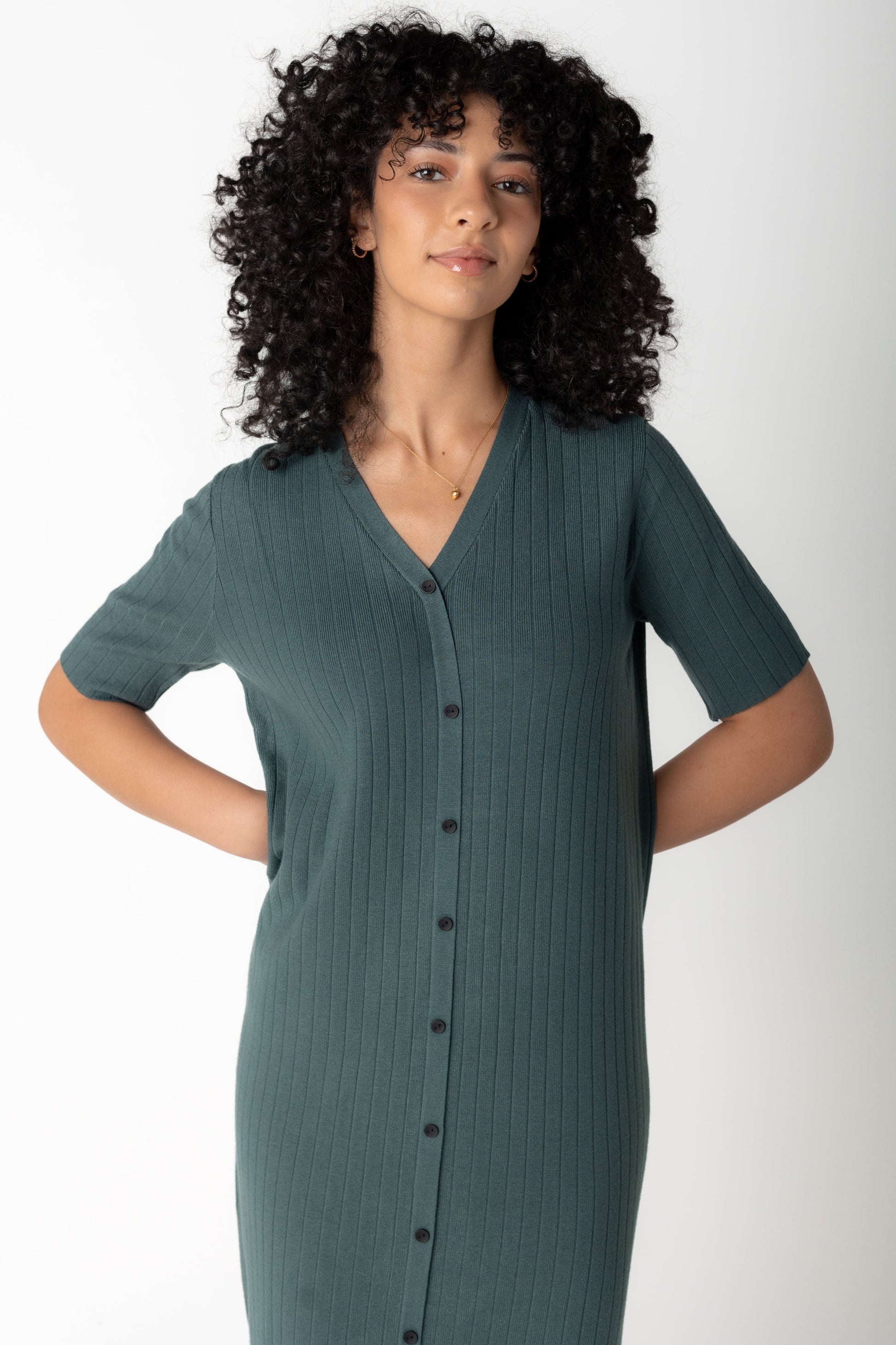 Close view of dark sage midi with V-neckline and short sleeves