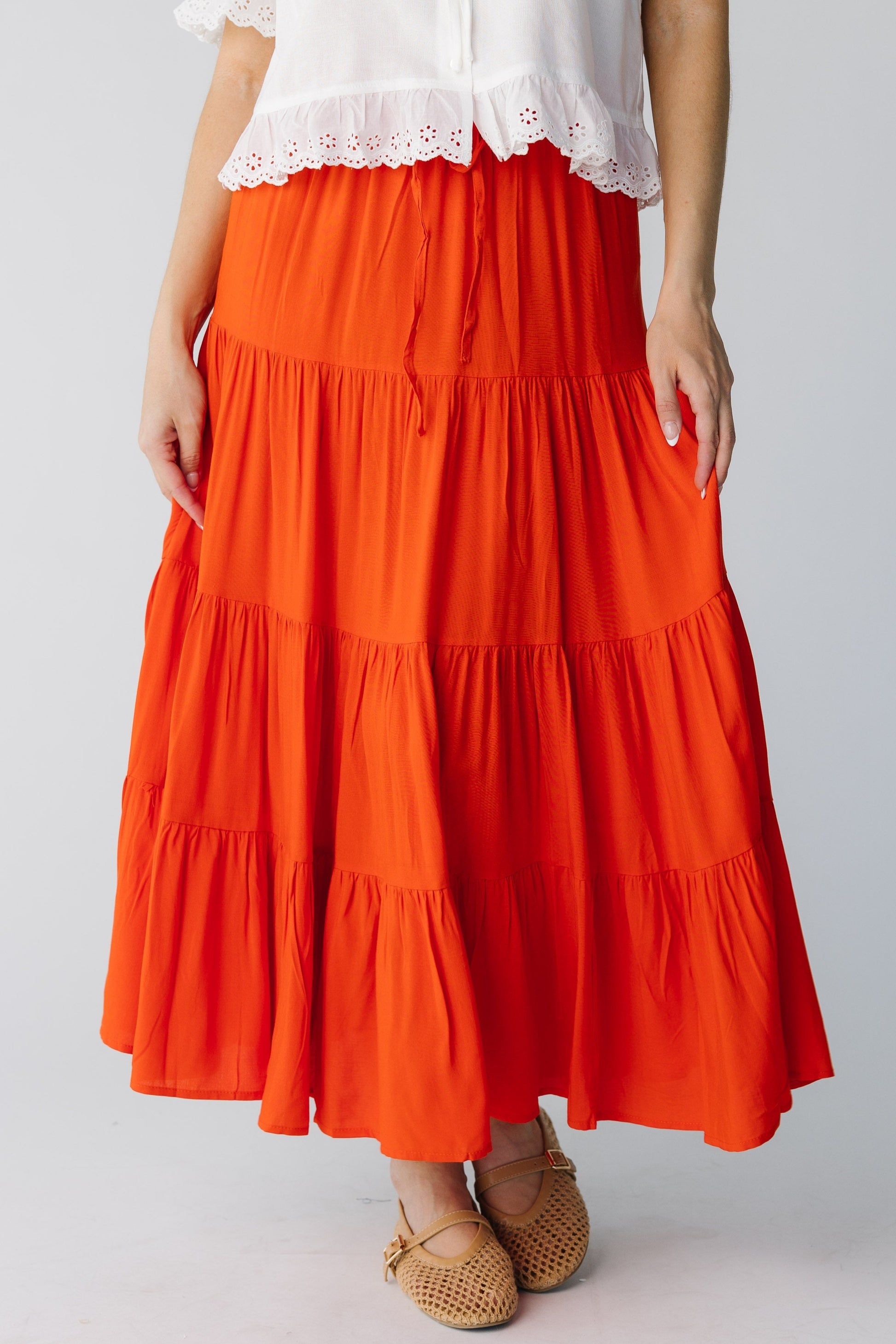 Very full red tiered midi shirt