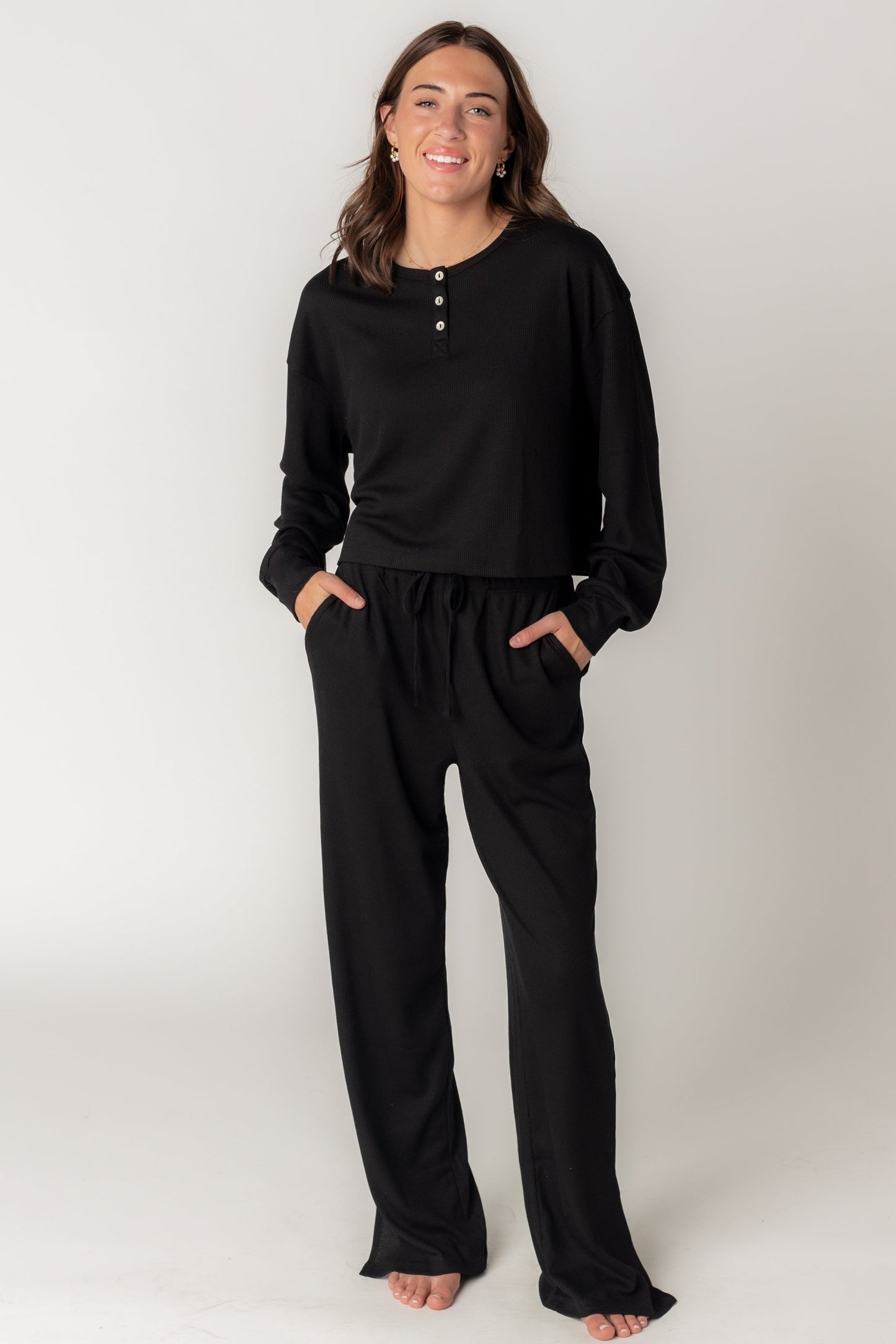 Black soft waffle weave set with full length wide leg and long sleeves