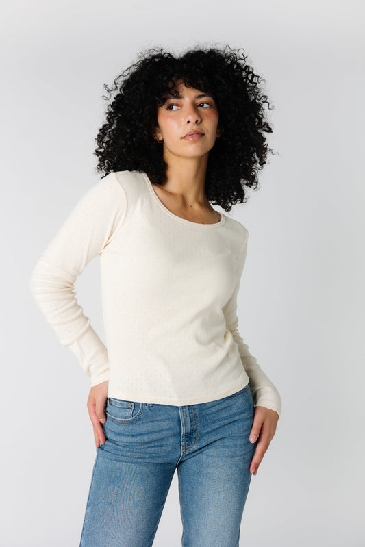 Weekend Pointelle Long Sleeve Tee with diamond patterned pointelle and scoop neckline