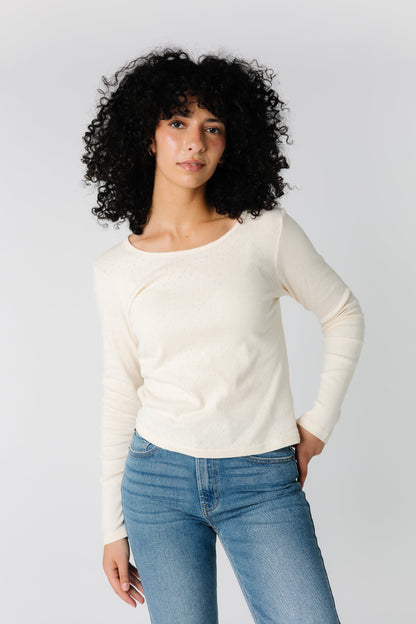 Cream long sleeve knit pointelle top