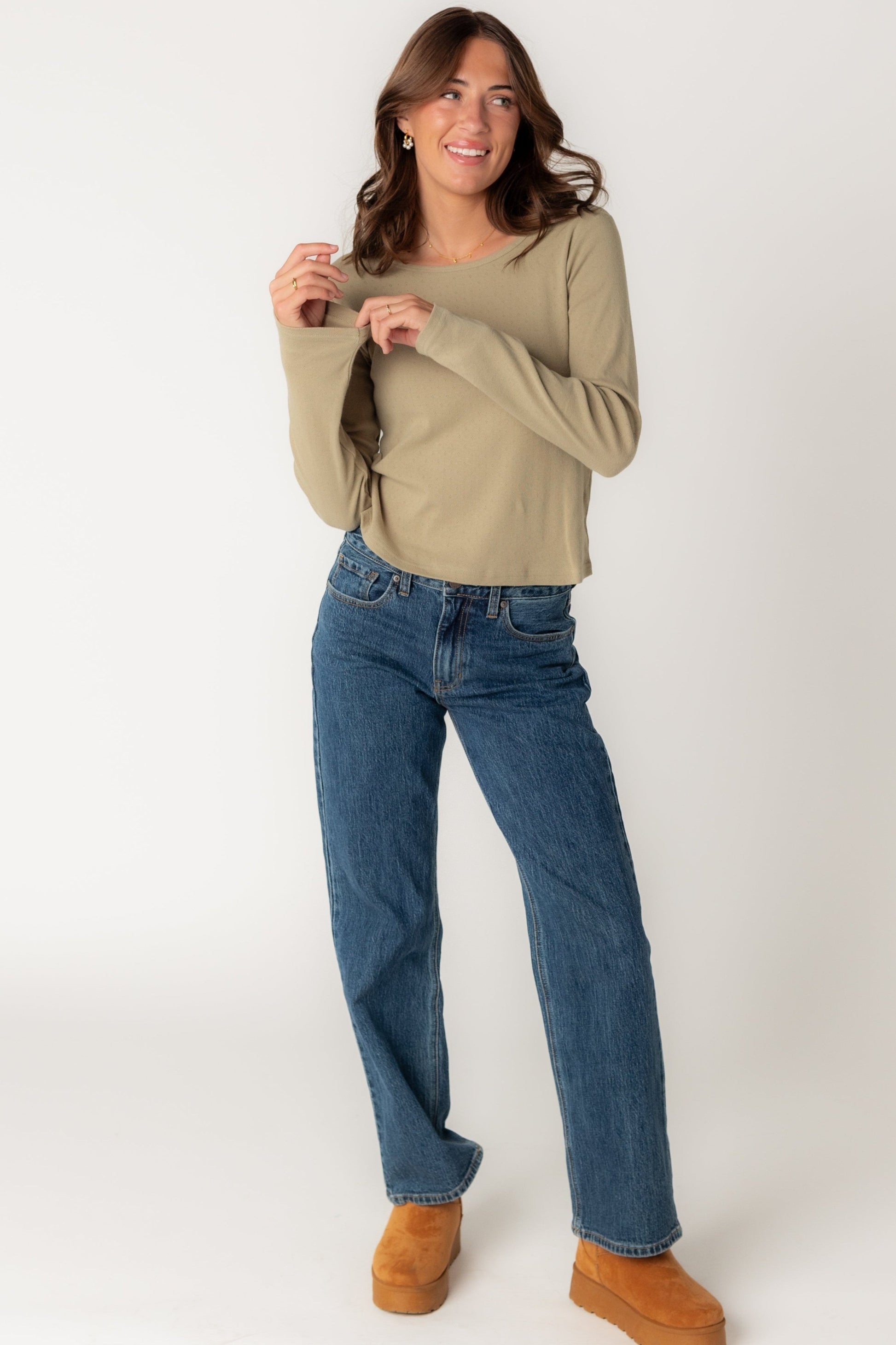 Olive long sleeve knit pointelle top