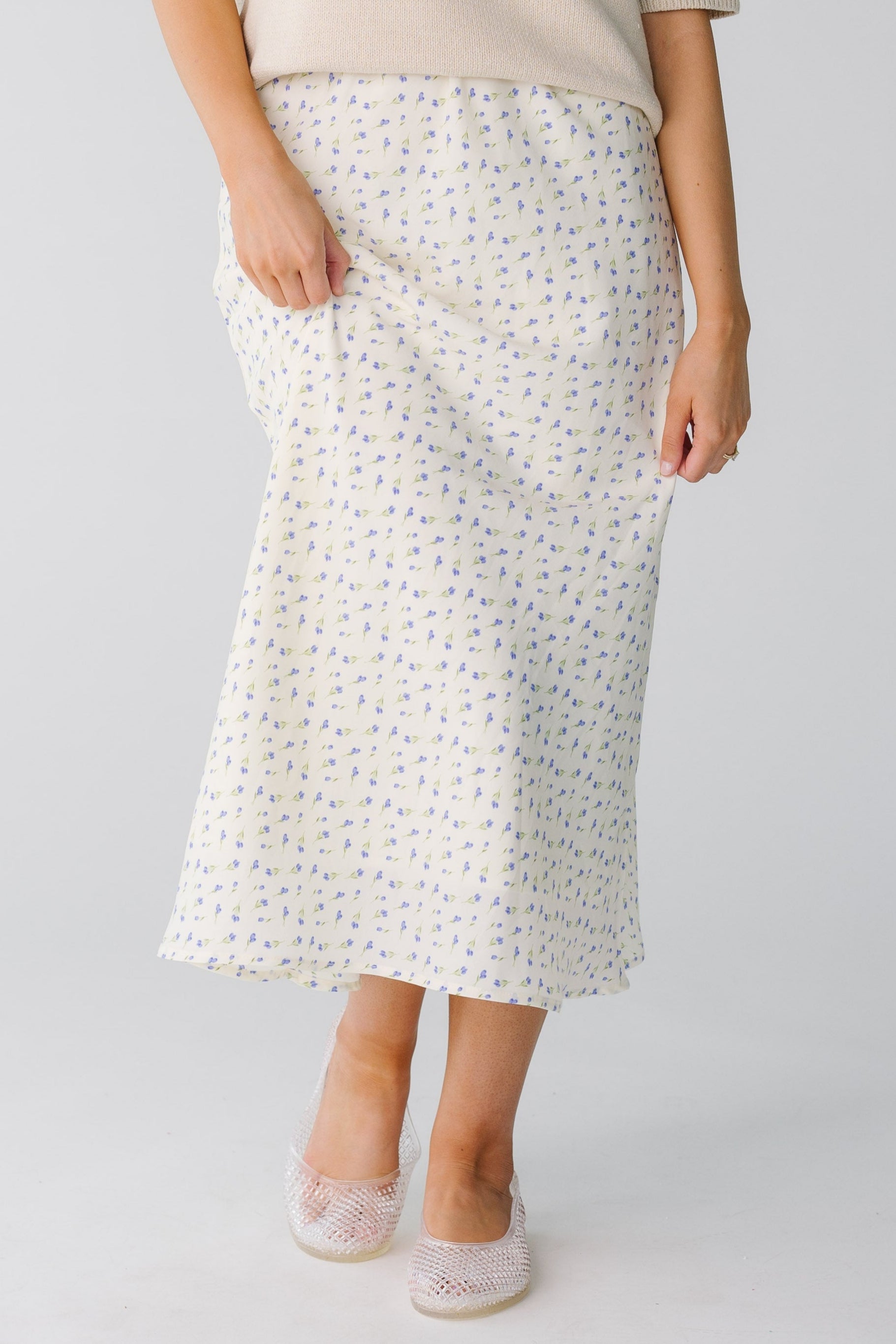 Brass & Roe Meadow Midi Skirt in white and blue floral