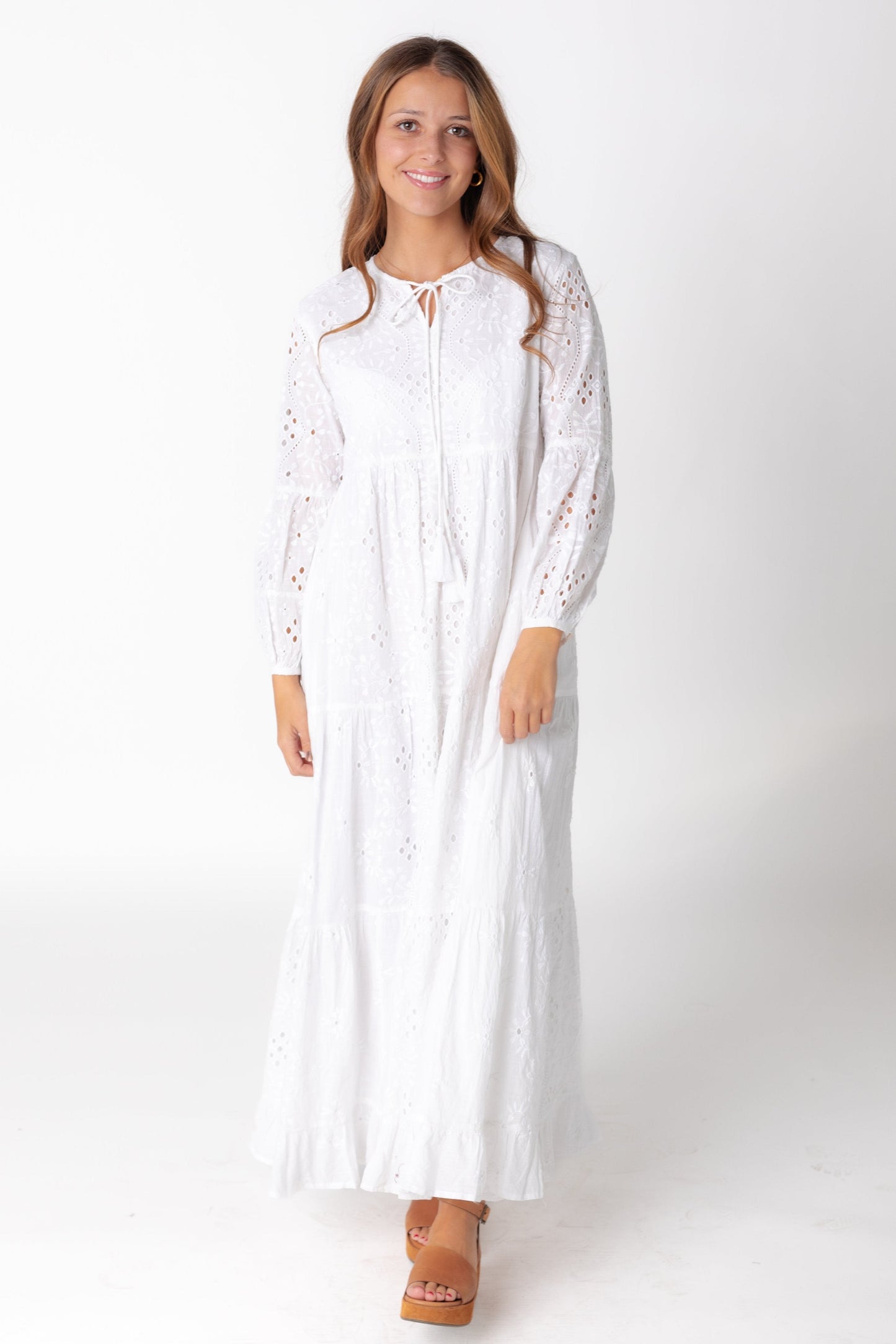 White Nila eyelet maxi with long sleeves