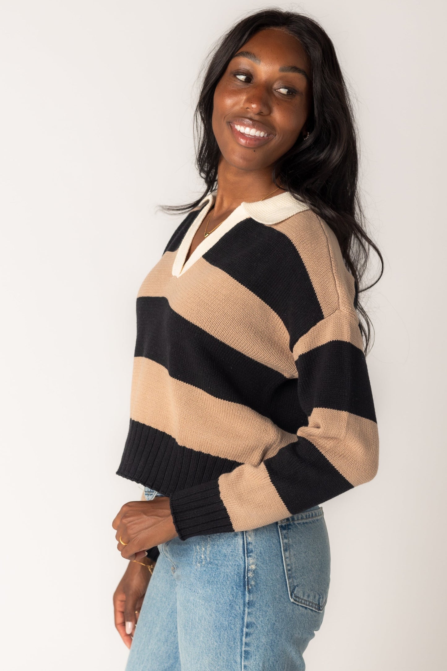 Brianna Stripe Collared Knit Sweater WOMEN'S SWEATERS Blu Pepper 