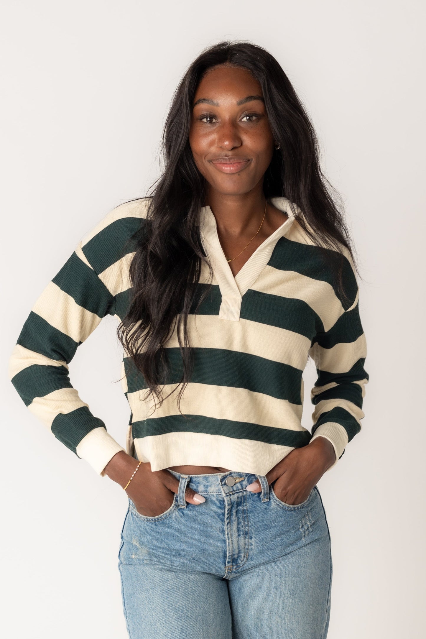 Green wide stripe shirt with long sleeves