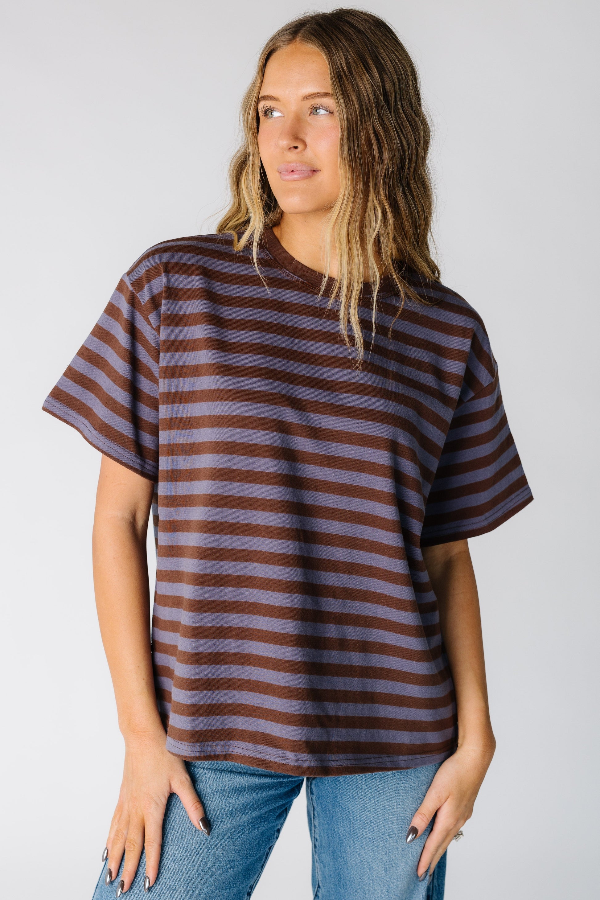 Woman wearing a modest dusty blue and brown stripe tee with crew neckline and a crew neckline