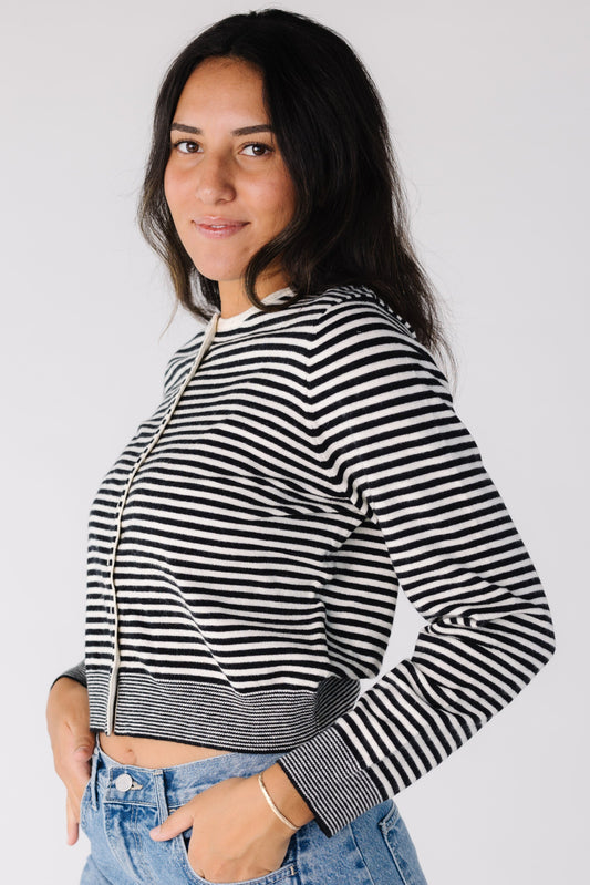 The Bella Striped Cardigan for women and teens in black and white stripe
