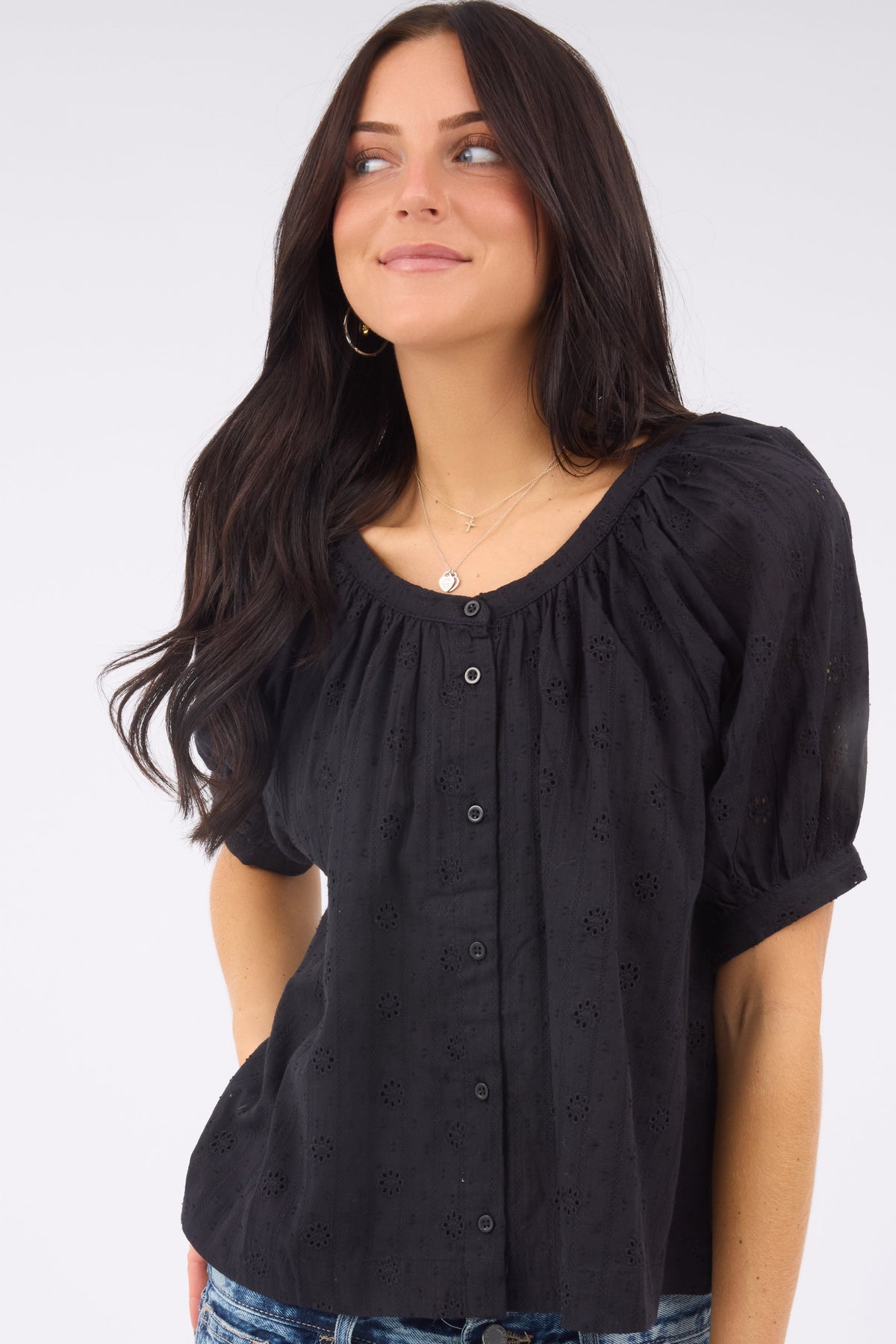Citrus Eyelet Top in black eyelet for women and teen girls.