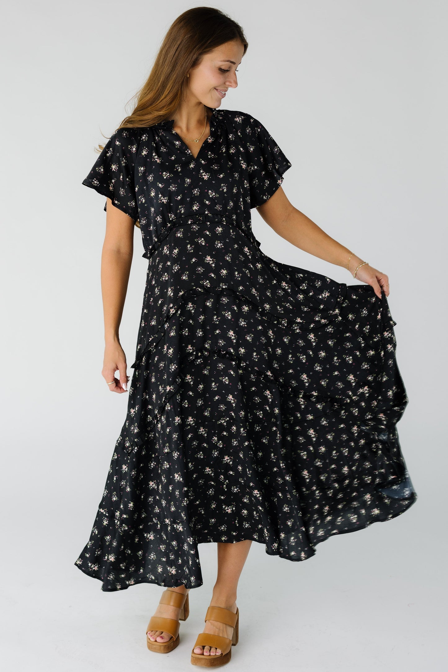 Brass & Roe Kelsey Tiered Maxi in black print for women and teens