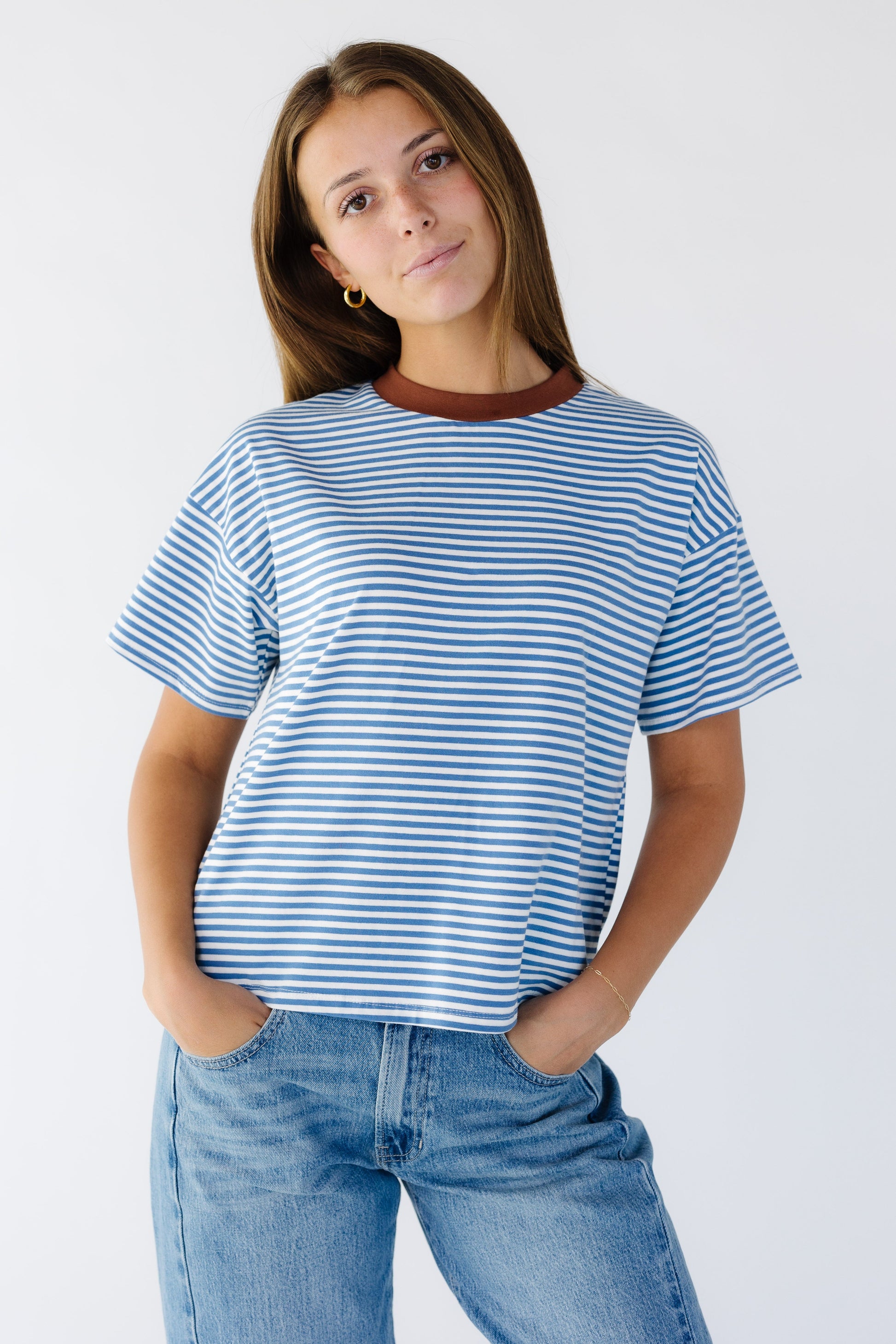 The Jensen Top in blue & white stripe boxy tee for women and teens girls.