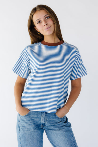 The Jensen Top in blue & white stripe boxy tee for women and teens girls.
