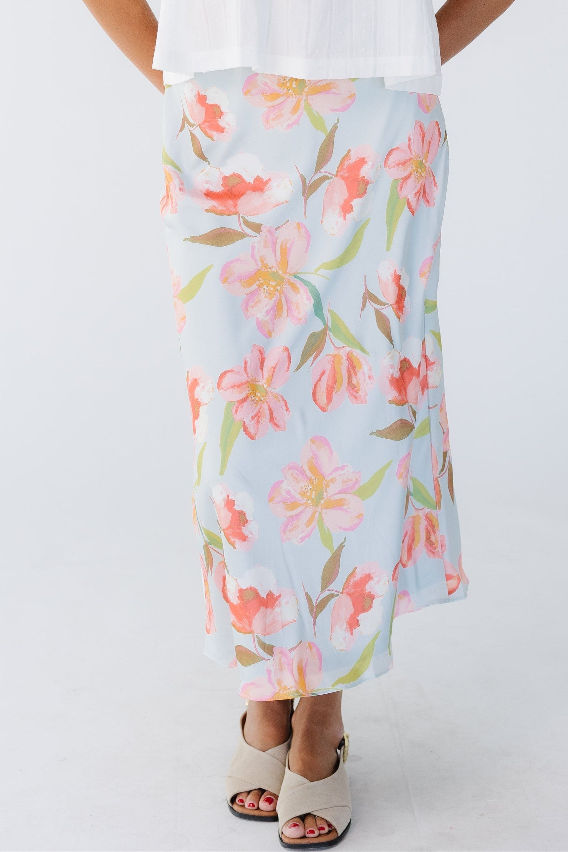 Dressed Up Satin Skirt in blue floral print for women & teen girls.