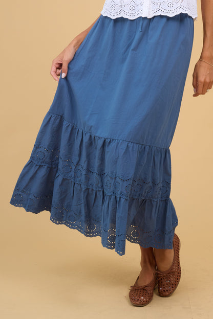 Brass & Roe Luna Eyelet Skirt in blue for women and teen girls.