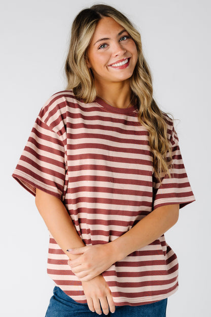 About Time Striped Oversize Tee in blush stripe for women and teens.